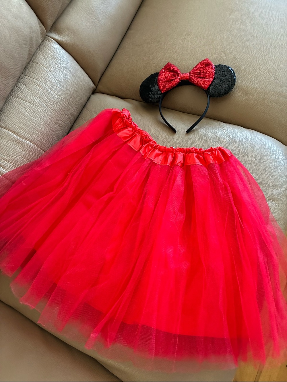 Red Tulle Tutu Skirt with Black Sequin Mouse Ear Headband - Women’s Costume
